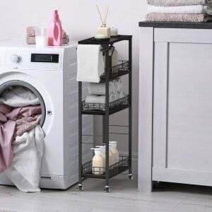 슬림 수납 작은 롤링 4단 세탁실 서빙 키친 셰빙 손잡이가 있는 이동식 정리함 모던 욕실 유틸리티 공간용 좁은 블랙 목재 카트 카트 유닛