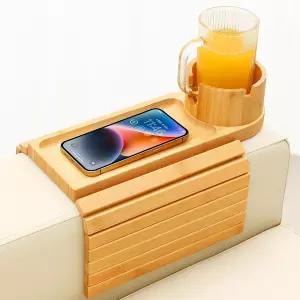 밤트레이 소파 컵 홀더 트레이 15.75인치 소파용 대나무 3 in 1 접이식 팔걸이용 사이드 테이블용 팔걸이