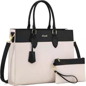 LOVEVUOK 여성용 노트북 가방 15.6인치 토트 작업 지갑 사무실용 대형 방수 가죽 컴퓨터 서류 베이지 블랙