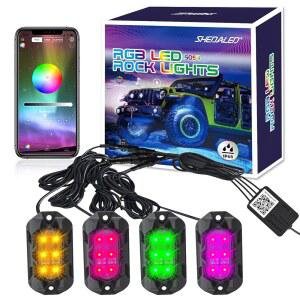 SHEDALED 자동차 RGB LED 락 라이트 키트, APP 및 음악 모드가 있는 4개의 포드 고휘도 멀티컬러 언더글로우 네온 라이트, 트럭용 IP68 방수 장식 액세서리