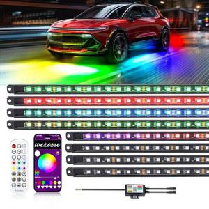 미루니 8PCS 카 언더글로우 라이트 바 키트 - 무선 앱 및 리모컨 드림컬러 체이스팅 라이트, 알루미늄 외장 언더바디 멀티컬러 사운드싱크 네온 스트립 자동차 트럭 RV용