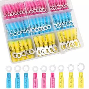 탄부푸 125Pcs 열수축 링 와이어 커넥터 10 1/4 5/16 3/8 (3가지 색상/4가지 크기)12-10 16-14 게이지 방수
