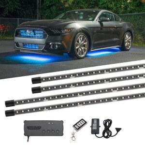 자동차용 LED Glow 400만 개 컬러 멀티 언더바디 액센트 조명 키트 - 18가지 단색 12가지 고유 패턴 음악 모드 방수 튜브 컨트롤 박스 및 리모컨 포함