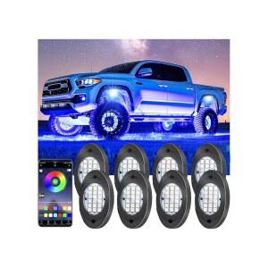 8 포드 RGB LED 락 라이트, 언더글로우 멀티컬러 네온 라이트 키트 휠 웰 라이트(APP 제어 및 음악 모드 포함), 트럭, 지프, SUV, 골프 카트, ATV, 픽업 오프 로드, 12V