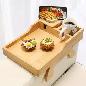 아이송동 소파 팔걸이 테이블 컵 홀더 및 회전식 휴대폰 홀더가 있는 대나무 트레이 접이식 데스크톱 겸용