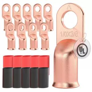 AIRIC 10 PCS UL 목록 1/0 AWG - 3/8인치 배터리 케이블 러그 열수축 링 단자 끝 구리 배선 커넥터 전기