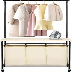 옷걸이 바 랙 접이식 다림질 보드가 있는 마이오야 3 섹션 세탁 분류기 바구니 정리함 헤비 듀티 잠금