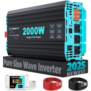 LANDERPOW 퓨어 사인파 인버터 2000와트, RV, 트럭, 태양광, 가정용 12V DC ~ 120V AC 인버터, 3개의 콘센트가 있는 파워 30W USB-C, 5V 3.1A USB, 하드와이어 포트, 리모컨, 서지 4000W