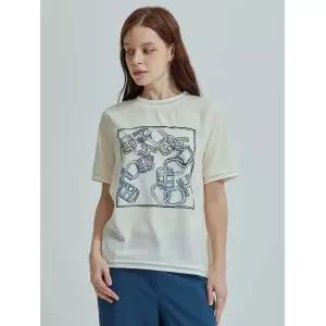 올리비아하슬러 라이트 베이지 배색소매 로고패턴 프린트 티셔츠 OHCMTS703
