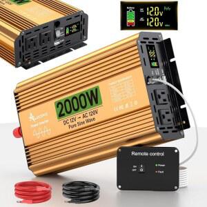 2000와트 인버터 12V DC ~ 110V / 120V AC, 트럭 /RV 가정 태양광 오프 그리드용 순수 사인파 인버터, AC 소켓 2개 포함 서지 4000W 전원, 5V 3.4A USB, 디지털 디스플레이, 리모컨