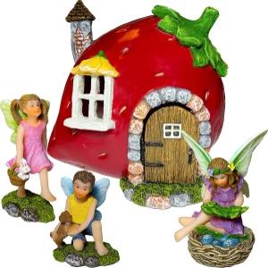 무드 랩 요정 정원 - 딸기 하우스 세트 4개 미니어처 피규어 액세서리 야외 및 데코