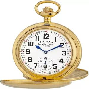 고담 남성용 골드 톤 철도 다이얼 더블 헌터 17 주얼 기계식 포켓 워치 GWC18806G