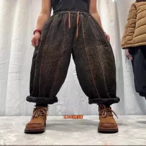 픽토 바지 여친 캐주얼 빈티지 청바지 기모 슬림핏 보온 배기 배기핏 스크래치 프린트 허리 스트링 젠1