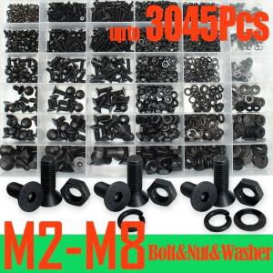 30452545 육각 소켓 블랙 등급 10.9 합금강 납작한 카운터싱크 헤드 나사 볼트 너트 와셔 모음 키트