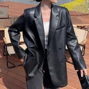 친절한탄씨 여성 클래식 더블 버튼 오버핏 인조 가죽 자켓 가죽자켓 레더자켓 블랙자켓 레더블레이저120318