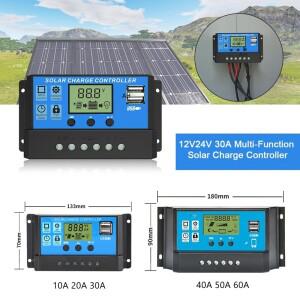 60A 50A 40A 30A 20A 10A 태양광 PV 충전 컨트롤러 12V/24V LCD 디스플레이 이중 USB PWM 레귤레이터 배터