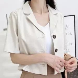 [의류] 러블리 디자인 여자 린넨 버튼 크롭 반팔 자켓