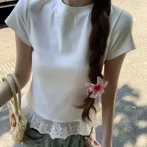 슬림 반팔티 레이스 밑단 화이트