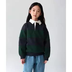 무신사스탠다드 키즈 오버사이즈 스트라이프 럭비 스웨트셔츠 네이비 딥 그린 1676305