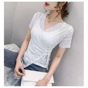 레이스 브이넥 슬림핏 반팔 티셔츠 코르셋 여성용 S21