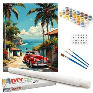 빈티지 자동차 페인트 - 롤링 캔버스 16x20 인치에 DIY 레드 클래식 페인트, 아크릴 세트, 초보자에게 적합, 홈 데코 또는 선물용 아트