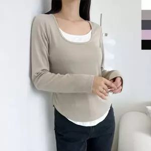 [하프클럽/]GSS ET603 여자 배색 레이어드 스퀘어넥긴팔티셔츠