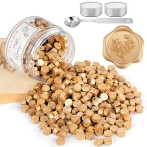 카드 봉투, 청첩장, 와인 패키지, 선물 아이디어 장식용 양초와 멜팅 스푼이 포함된 라이트 골드 씰링 왁스 비즈, 옵션 210피스 옥타곤 씰 비즈