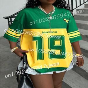 여성용 자메이카 프린트 v 넥 반소매 홀 티셔츠 여름 그래픽 티 야구 유니폼 플러스 사이즈 스포츠