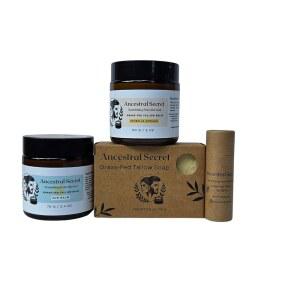 조상 시크릿 에스트렐라 도라다 스킨케어 키트 u2013 잔디 사료 탈로우 모이스처라이저, 내추럴 선밤, 비누 & 립밤 u2013 작약, 앰버 & 스타 과일 에센셜 오일 블렌드, 다양한 사이즈(대형 사이즈)
