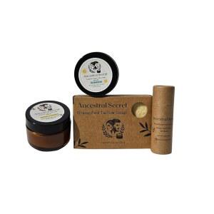 조상 시크릿 에스트렐라 도라다 스킨케어 키트 u2013 잔디 사료 탈로우 모이스처라이저, 내추럴 선밤, 비누 & 립밤 u2013 작약, 앰버 & 스타 과일 에센셜 오일 블렌드, 다양한 사이즈(여행 사이즈)