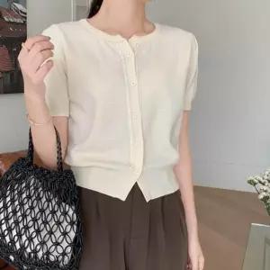 라운드넥 아우터 카디건 단추 니트 심플한 반팔