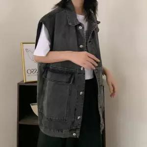 여성 복고풍 아우터 조끼 조끼 캐주얼 카라 블랙 모던한 데님