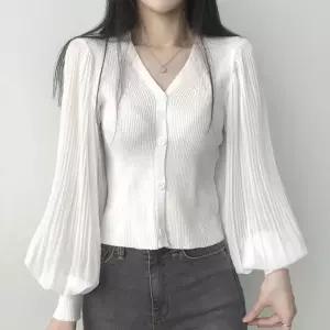 DK-1003453 퍼프 브이넥 플리츠 블라우스 가디건 골지