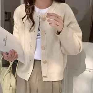 여성 솔리드 아우터 가디건 빅 깔끔한 간절기 기본 골드 버튼