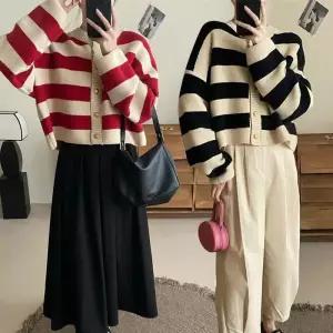 여자 라운드넥 줄무늬 겨울 기장 긴팔 가디건 짧은 니트 가을 스트라이프