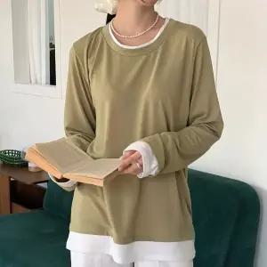 [하프클럽/]여자 배색 레이어드 빅사이즈 무지 긴팔 이중넥 티셔츠