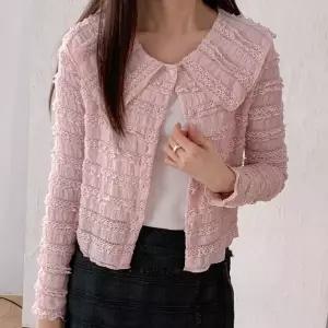 [하프클럽/]여자 봄 벚꽃룩 펀칭 프릴 레이스 카라넥 주름 가디건
