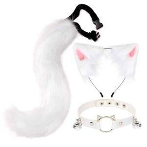 고양이 의상 코스프레 여우 마스크 고질라 꼬리흰색 여위 리모콘 사이즈 파티 여우꼬리
