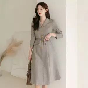 샌디아 로우카라 골드버튼 헤링본 원피스 빅사이즈/오피스룩/하객룩