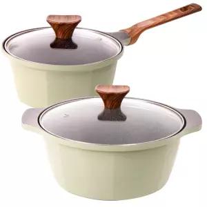 글램레트로 가스용 냄비 2종 세트 (편수18+양수22) 올리브그린