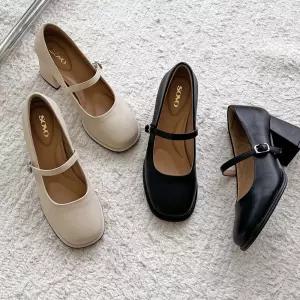 SOVO 쥬인드 소가죽 메리제인 스트랩 발편한 미들통굽 펌프스 여성구두 6cm