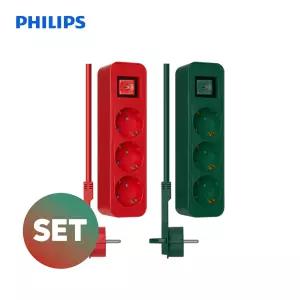 필립스 고용량 파티 멀티탭 3구 2M 세트 납작 플랫 플러그 그린 레드 컬러