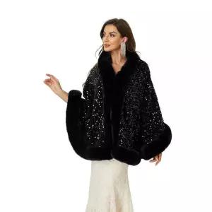 Engerla 웨딩 여성용 인조 모피 랩 숄 스톨 케이프 프롬 이브닝 파티 아웃웨어 코트, 스팽글 블랙