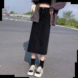 흑청데님스커트 20대 여자 뒷트임 A라인 스트랩 데님 흑청 롱스커트