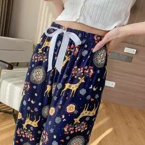 여성 와이드 팬츠 냉장고 플라워 스트링 여성 여름 바지 밴딩 이지웨어 트레이닝 운동복 웨어