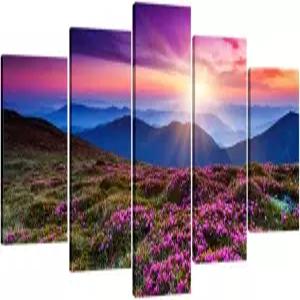 위코 아트 마운틴 인 선라이즈 5 패널 지클리 캔버스 프린트 월 퍼플 풍경 사진 거실 침실 홈 장식