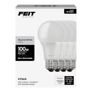 FEIT ELECTRIC A19 LED 등가 전구 1500루멘 수명 베이스 80 비감광성 에너지 10년 효율성 100W 표준 CRI E26