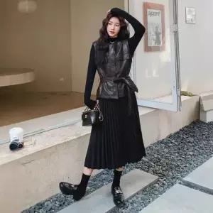 무천도사 원피스 빈티지 가을 투피스 여성용 여자 플리츠 조끼 세트 정장세트 KKE3