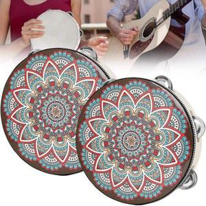 나무 탬버린, 손에 쥐는 드럼 벨 2개, 교회 파티용 8인치 내셔널 스타일 패턴 핸드벨 탬버린 드럼, 한 줄 징글 타악기 음악 교육용 악기
