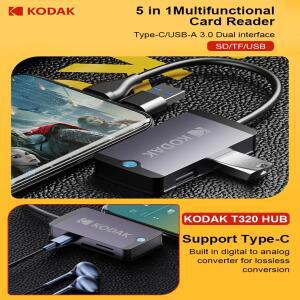 Kodak 5-In-One 다기능 카드 리더기 허브/USB 허브 T320, Type-C 인터페이스가 포함된 Sd/Tf 컴퓨터, 노트